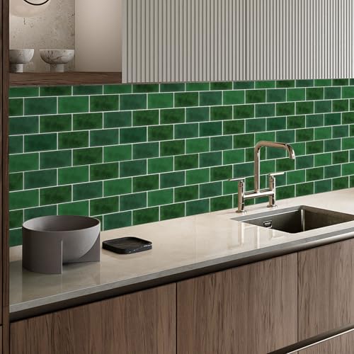 10 Sheets Backsplash Tile Peel and Stick for Kitchen 12"X12"Adhesive Back Splash Wall Sticker on Renter Friendly for Bathroom Dark Green - color: Darkgreen