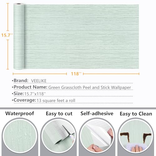 VEELIKE Light Green Grasscloth Wallpaper Textured Grass Cloth Peel and Stick Wallpaper 15.7''x118'' Grasscloth Contact Paper Self Adhesive Removable Green Linen Vinyl for Bedroom Bathroom Wall Cabinet - color: Light Green, size: 15.7" x 118"