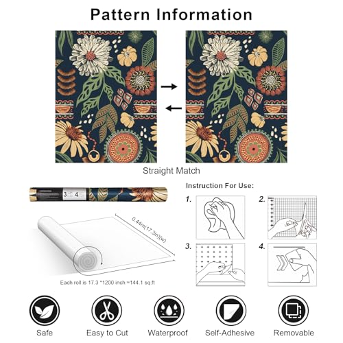 Simon&Siff Boho Sun Floral Retro Peel and Stick Wallpaper 17.3" x 1200" - color: Blue, size: 17.3" x 1200"