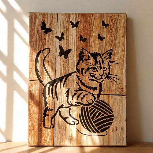 TIAMECH A4 Reusable Tabby Cat Yarn Ball Stencil for Painting - color: Tabby Cat with Yarn Ball
