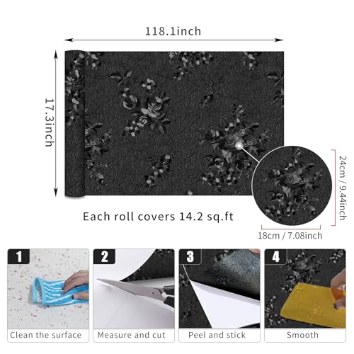 Black Wallpaper Peel and Stick Embossed Floral Contact Paper 17in x 118in - color: Black, size: 17.3" x 118.1"