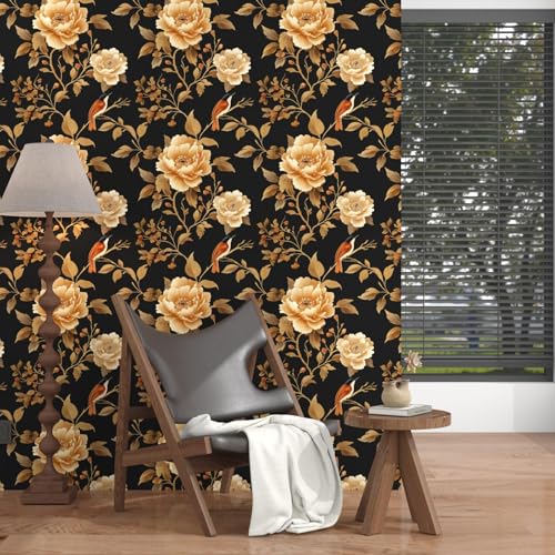 Laatse Dark Floral Bird Wallpaper Peel and Stick 17.5"x 118",Black/Golden - color: Black and Gold Bird, size: 17.5" x 118"