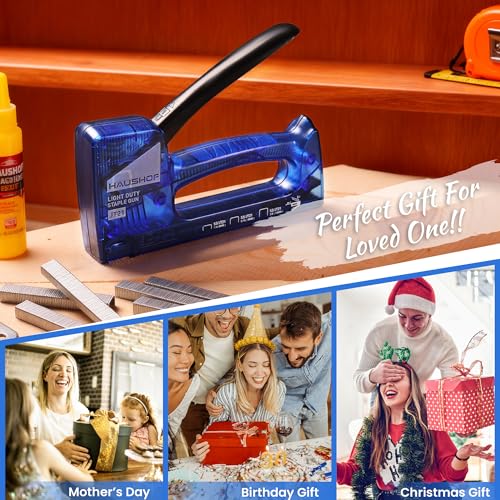 HAUSHOF Light Duty Staple Gun, Upholstery Staple Gun with 800PCS JT21 Staples and Stapler Remover, Fits JT21 Staple of 1/4'', 5/16'' & 3/8'', Used for Wood, Classroom, Crafts, DIY (Blue Transparent) - color: Blue Transparent