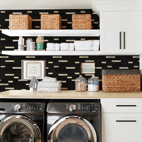 STICKGOO Peel and Stick Backsplash Tile, Stick on Backsplash for Kitchen and Bathroom, Black Mixed Gold Metal Composite Self Adhesive Wall Tiles(10 Sheets) - color: Black Mixed Gold Metal
