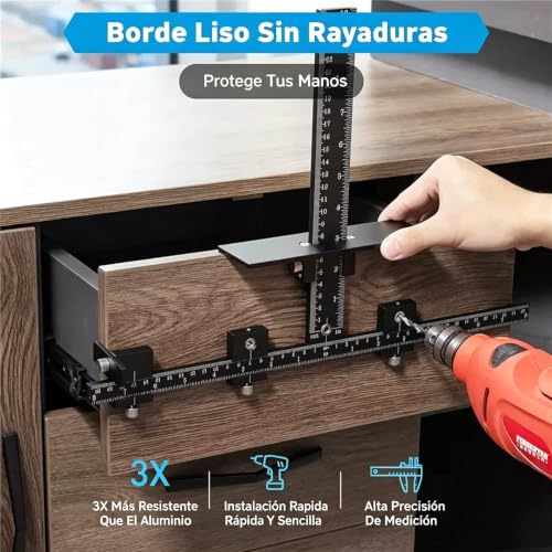 Cabinet Hardware Jig, Adjustable Drilling Guide, Drawer Handle Hole Drilling Template with Automatic Center Punch, Aluminum Alloy Drill Guide for Cabinet Pulls Knobs Woodworking