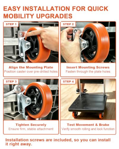 Htudcue 8 Pack 4 Inch Heavy Duty Casters, 2200 lbs Load Per Set of 4, Orange Swivel Plate Casters with Lock Brakes for Garage Workshops & Storage Shelves