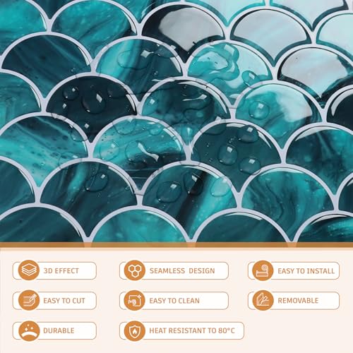 CRE8TIVE 16 Sheets Fish Scale Tile Peel and Stick Backsplash for Kitchen Green Stick on Backsplash Tiles for Bathroom Waterproof Tile Stickers 12"x12" 3D Renter Friendly Self Adhesive Back Splashes - size: 12"x12" (16-Sheets)