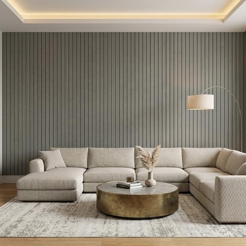 Peel and Stick Faux Wood Slat Wall Panels, 118" x 48" Gray Self-Adhesive Flexible Wall Paneling, 3D Wood Grain Wallpaper for Walls & Ceilings, Covers 38.75 Sq. Ft. - color: Gray