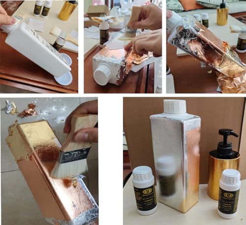 Metal Leaf Adhesive & Varnish Kit - Gold Size & Sealer for Craft, Art & Furniture - Gilding Kit with 100pcs Imitation Gold, Silver & Copper Leaf Sheets