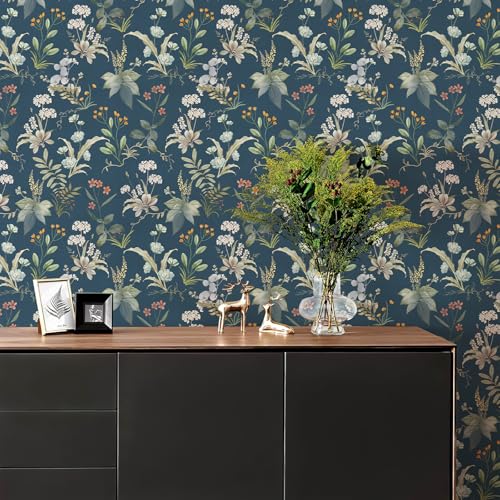 Wallpaper Peel and Stick Waterproof Floral Wallpaper - color: Blue, size: 17.4" x 393"