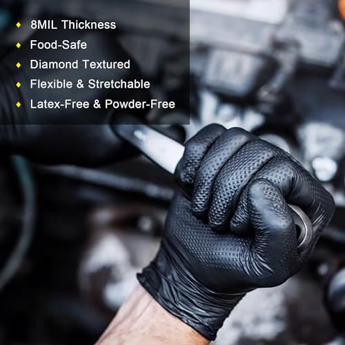PROMEDIX P Heavy Duty Nitrile Gloves with Diamond Texture 8 Mil Latex Free Powder Free Industrial Disposable Glove - color: Black, size: Medium