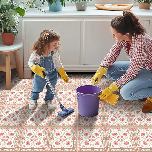 HOMETITUTE Pink Carnation Floral Peel Stick Floor Tile 12x12 Vinyl - color: Pink#5