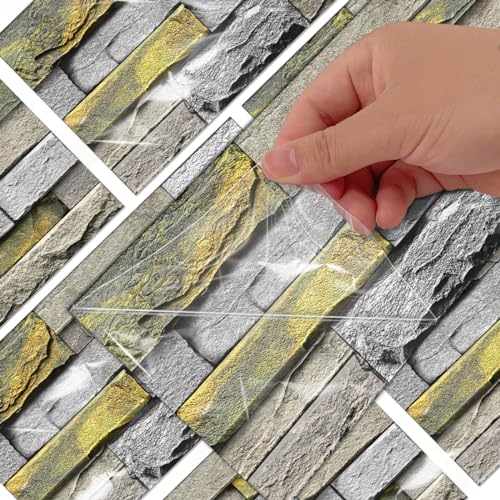 Alwayspon 12Pcs 12x6inch Peel&Stick Wall Sticker Vinly Wallpaper, Waterproof Backsplash for Kitchen Bathroom, Self-Adhesive Tile Transfers Decal Stick on Tiles with Yellow Stone Brick Effect - color: Fg-l14, size: 12 Pcs