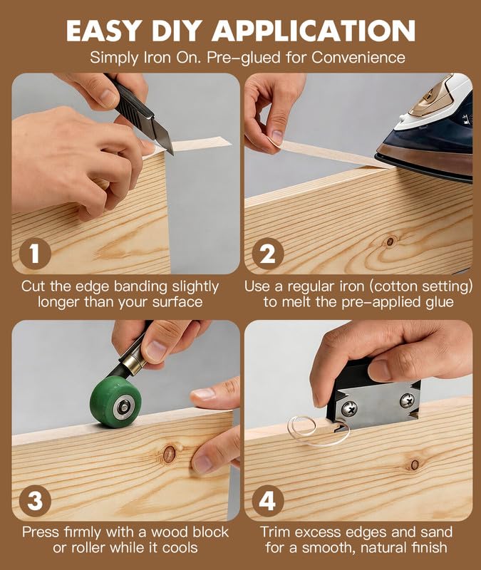 Maple Edge Banding 1-1/4" x 50 Ft Preglued Iron on Wood Veneer Edging, Real Natural Maple Iron-On Veneer Edge Band, Self Adhesive Flexible Plywood Wood Tape for Cabinet and Table Repair - color: Maple, size: 1-1/4 inch X 50 ft