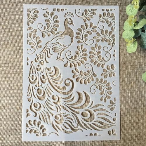 TIAMECH A4 Reusable Feather Leaves Peacock Stencil for Painting - style: Peacock and Leaves