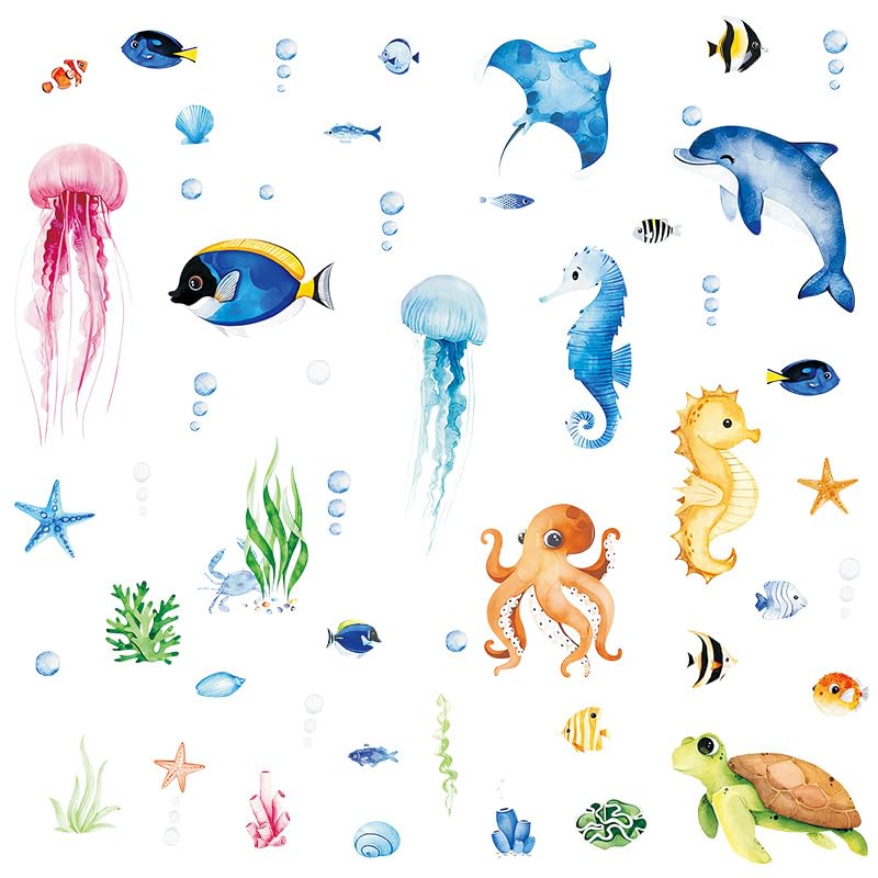 Ocean Sea Animals Wall Decals Stickers, 4 Sheets 52 Pcs - color: Ocean Animal