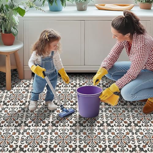 HOMETITUTE Baroque Green Brown Embossed Peel Stick Floor 12"x12" - color: Green#2