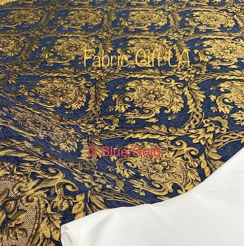 Damask Tapestry Chenille Fabric - Upholstery Fabric, 60" Width - Sold by The Yard (Dark Blue/Gold) - color: Dark Blue/Gold