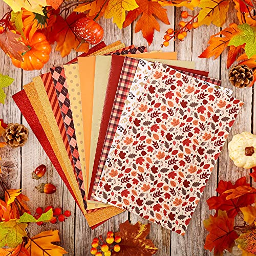 Whaline Fall Faux Leather Sheets 8 x 12 in Plaid Stripe Maple Leaves Synthetic Leather Fabric Glittery Orange Red Gold Faux Leathers for Autumn Harvest Thanksgiving DIY Craft Earring Hair Bow, 12 Pcs