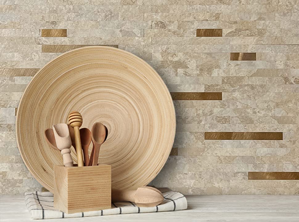 AULIGET 20 Sheets Faux Stone Peel and Stick Backsplash, Beige Marble Look PVC Wall Tiles Stick on Backsplash for Kitchen - color: Stone Beige + Metal Copper, size: 20 Sheets, 6"x12"x0.12"