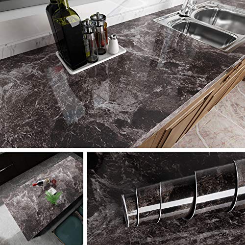 Livelynine Peel and Stick Countertops 24x394in Marble Counter Top Contact Paper Heavy Duty Waterproof Kitchen Wallpaper Self Adhesive Laminate Countertop Covers Table Sticker Cover Removable Desk Wrap - color: Dark marble, size: 24" x 394"