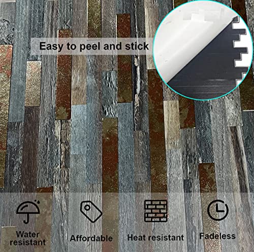 10-Sheet Peel and Stick Backsplash PVC Metal Tile,Self-Adhesive Wood Grain Wall Sticker Easy DIY Stick on Kitchen Bathroom Walls (10, Metal Pattern + Green Wood Grain) - color: Metal Pattern + Green Wood Grain