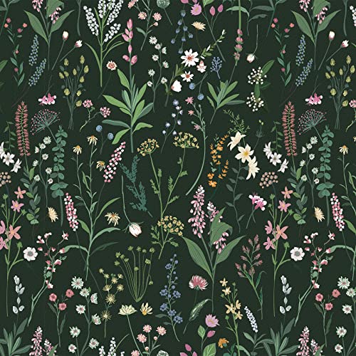 JiffDiff Dark Green Botanical Floral Peel and Stick Wallpaper 17.3" x 1181" - color: Dark Green, size: 17.3" x 1181"