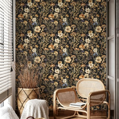 Froluya Mushroom Wallpaper Peel and Stick Dark Contact Paper 16.9” x 118.1” - color: Dark, size: 16.9" x 118.1"