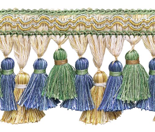 DÉCOPRO Green, Gold, Blue 3 3/4 inch Imperial IITassel Fringe Style# TFI2 Color: Mountain Spring - 4668 (Sold by The Yard)