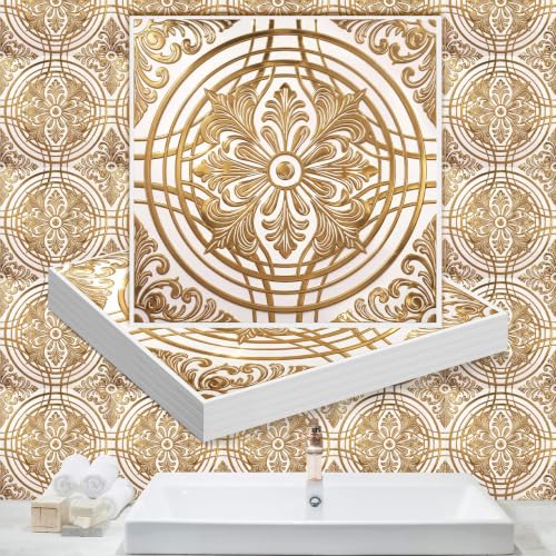 48 Pcs 3D Antique Peel and Stick Wall Tile 8x8 Inch, Gold, Medallion - color: Gold, style: Medallion