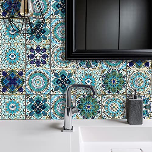 24Pcs Peel and Stick Tile Stickers, 4x4 Bathroom & Kitchen Backsplash Tile Decals Waterproof Self-Adhesive Square Vinyl Wall Decals Mandala Style Wall Decor (Best When adhered to Tiles - color: Ts-104