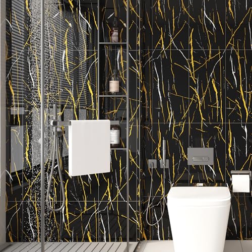 Haimin 3D Wall Panels Peel and Stick Marble Tile Look 10 Pack Waterproof - color: Black Gold-6018