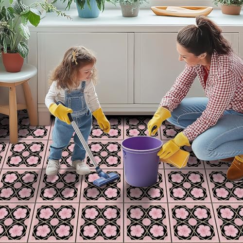 HOMETITUTE Pink Floral Gold Line Peel Stick Floor Tile, 12"x12" (10Pcs - color: Light Purple Glitter Lily