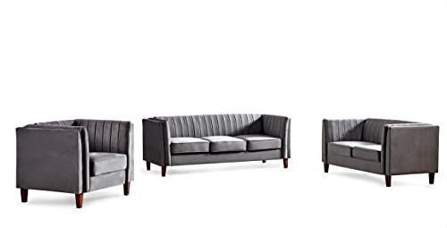 Container Furniture Direct Modern Luxury Velvet Couches for Living Room with High Density Foam, Soft Fabric Upholstery, Removable Cushions and Solid Wood Legs, 3 Piece Set Chair, Loveseat & Sofa, Grey - color: Grey, size: 3 Piece Set