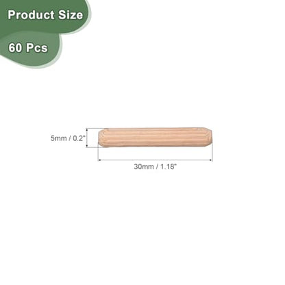 uxcell 60 Pcs Wooden Dowel Pins 5x30mm(0.2x1.18) Fluted Beveled Ends Wood Dowel Pegs Dried Hardwood for Woodworking Furniture Shelf - size: 5x30mm
