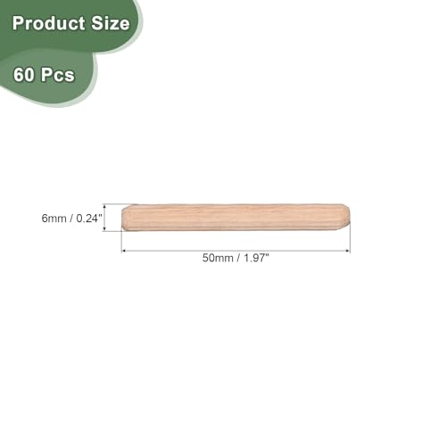 uxcell 60 Pcs Wooden Dowel Pins 6x50mm(0.24x1.97) Fluted Beveled Ends Wood Dowel Pegs Dried Hardwood for Woodworking Furniture Shelf - size: 6x50mm