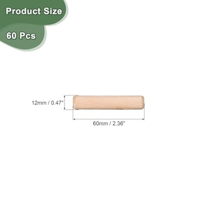 uxcell 60 Pcs Wooden Dowel Pins 12x60mm(0.47x2.36) Fluted Beveled Ends Wood Dowel Pegs Dried Hardwood for Woodworking Furniture Shelf - size: 12x60mm