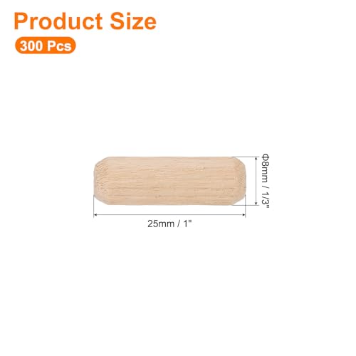 uxcell 300Pcs 1/3" x 1" Wooden Dowel Pins, Wood Dowels Rods, Furniture Woodworking Grooved Fluted Pin, Wooden Dowels Fluted for Craft, DIY Projects - size: 8 x 25mm