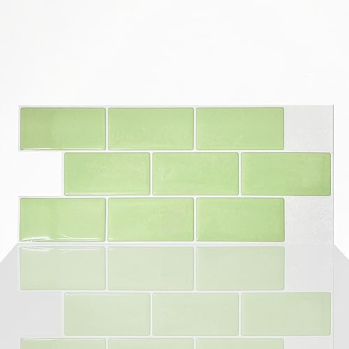 Alwayspon 10 Sheets Green Cream 3D Vinyl Backsplash Subway Sticker Peel and Stick, Self-Adhesive Wall Tile Transfer Wall Sticker Sheets for Kithchen Bathroom, 11.81"x5.12" - color: Dj110