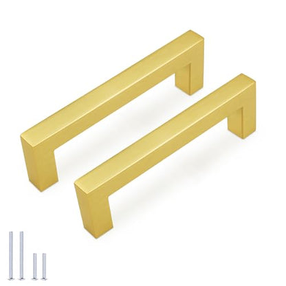 KNOBWELL 20Pack 3-3/4 Inch Brushed Gold Cabinet Pulls Stainless Steel Kitchen Cabinet Handles Square Drawer Pulls Modern Cabinet Hardware Handles，96mm Hole Centers - color: Brushed Gold, size: Hole Center:3-3/4 inch(96mm)