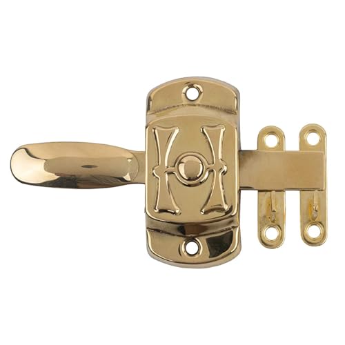 Hoosier H Motif Brass Cabinet Door Latch with Offset and Flush Catches | Left Hand or Right Hand Doors Mounting | Antique Cabinet, Vintage Cupboard Reproduction Hardware | UA-112-HLPB - color: Brass