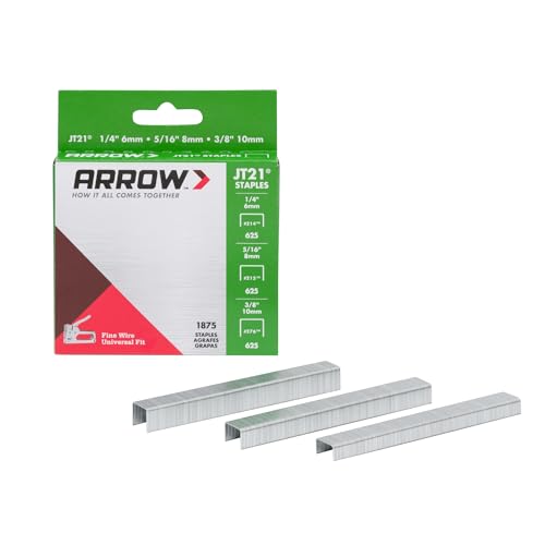 Arrow 21MP1 JT21 Thin Wire Staples Multipack for Staple Guns and Staplers, Use for Upholstery, Crafts,General Repairs, Includes 1/4-Inch, 5/16-Inch, and 3/8-Inch Sizes, 1875 Count,(Packaging May Vary) - size: 1/4 + 5/16 + 3/8 Inch (Variety Pack)