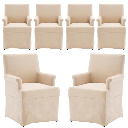 Arm Dining Chair Fabric Long Skirt Slipcovered High Back Upholstered Dinner - color: Beige, size: 6 PCS