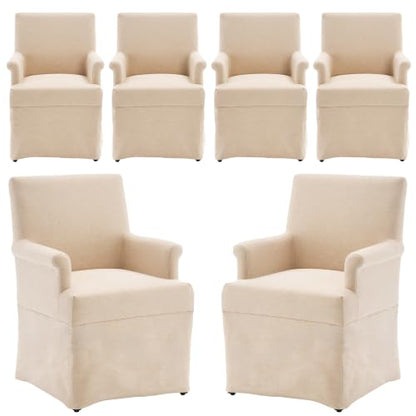 Arm Dining Chair Fabric Long Skirt Slipcovered High Back Upholstered Dinner - color: Beige, size: 6 PCS