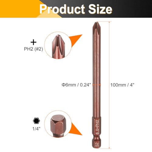 HARFINGTON 5pcs #2 Phillips Screwdriver Bit PH2 1/4" Hex Shank 4" (100mm) Long 0.24" Rod Magnetic Cross Head Drive Drill Bits S2 Steel Industrial Screw Driver Electric Power Tool, Brown - size: PH2 x 4" x 0.24"