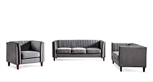 Container Furniture Direct Modern Luxury Velvet Couches for Living Room with High Density Foam, Soft Fabric Upholstery, Removable Cushions and Solid Wood Legs, 3 Piece Set Chair, Loveseat & Sofa, Grey - color: Grey, size: 3 Piece Set