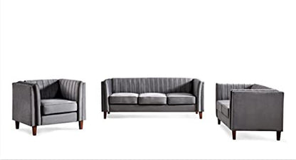 Container Furniture Direct Modern Luxury Velvet Couches for Living Room with High Density Foam, Soft Fabric Upholstery, Removable Cushions and Solid Wood Legs, 3 Piece Set Chair, Loveseat & Sofa, Grey - color: Grey, size: 3 Piece Set