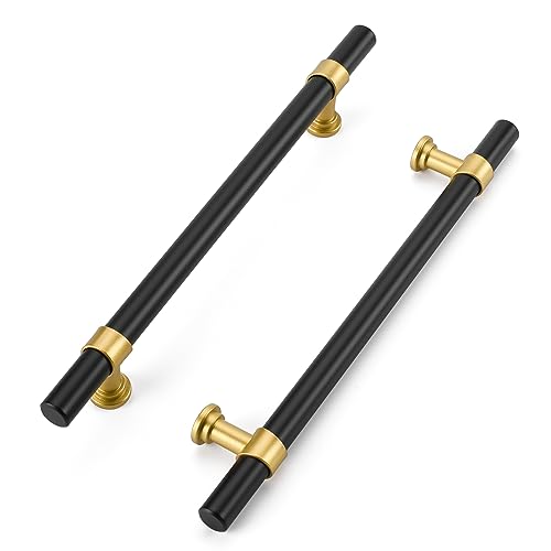 Haliwu 10 Pack 6-1/4in Black and Gold Cabinet Handles for Kitchen Drawers - color: Black & Matte Gold, size: 160mm (6-1/4 inch) Hole Center Spacing