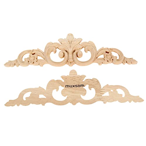 Wood Carved Appliques Decorative Onlays, 2Pcs Long Wooden Corner Carving Decals for Bed Wall Door Cabinet Mirror Closet Cupboard Dresser Fireplace Stairs Furniture Project, 20x5.5cm/7.87x2.17in