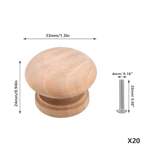 20Pcs Unfinished Wood Mushroom Drawer Cabinet Knobs, Wood Color